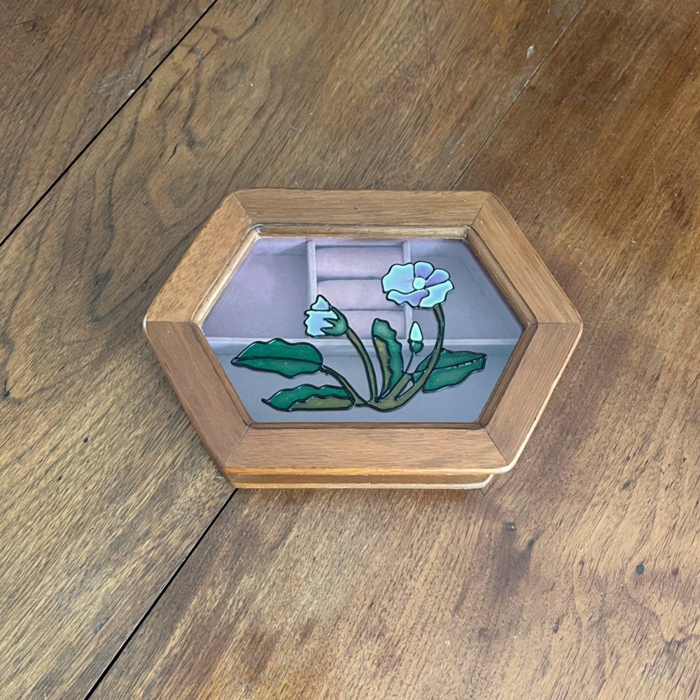 Vintage Hexagon Wood Jewelry Box Painted Glass Floral Lid Retro Pink Velvet